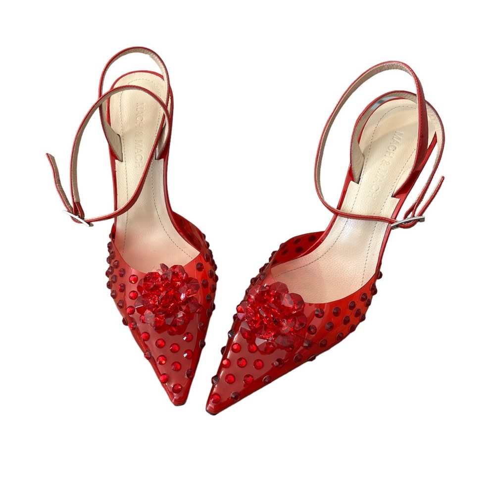 Mach & Mach Crystal Embellished Clear Ankle Strap Pump RED